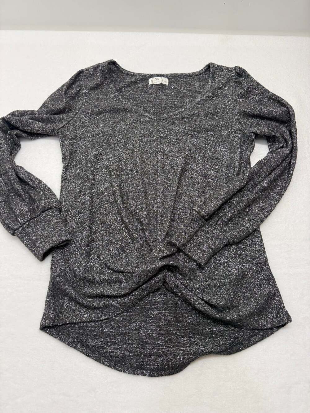 Maurices 24/7 XS Metallic Twist Front Top Silver Gray Cozy Chic Long Sleeve
